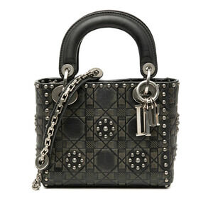 Dior Cannage Lady Studded Handbag Chain Shoulder Bag Black Leather
